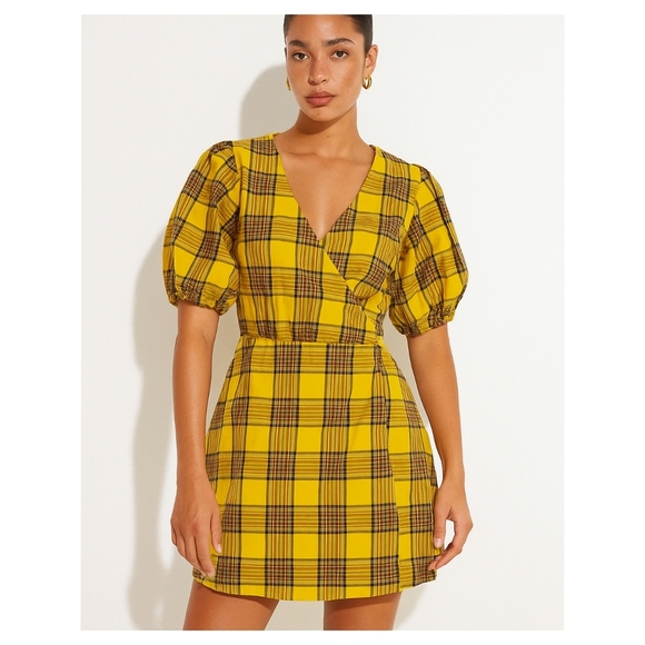 LPA Yellow Plaid Puff Sleeve Wrap Mini Dress Size Small - Picture 1 of 5